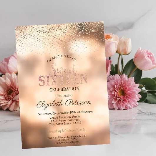 Elegant Modern Gold Confetti, Bokeh Sweet 16 Einladung