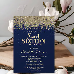 Elegant Modern Gold Diamanten Navy Blau Sweet 16 Einladung