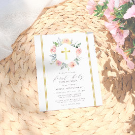 Elegant & modern Gold Floral Erste Heilige Kommune Einladungspostkarte