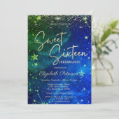 Elegant Modern Gold Stars Blue Green Sweet 16 Einladung (Stehend Vorderseite)