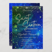Elegant Modern Gold Stars Blue Green Sweet 16 Einladung (Vorne/Hinten)