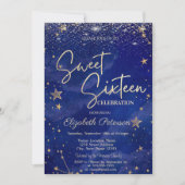 Elegant Modern Gold Stars Blue Sweet 16 Einladung (Vorderseite)