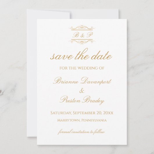 Elegant Modern Gold & White Monogram Wedding Save The Date (Vorderseite)