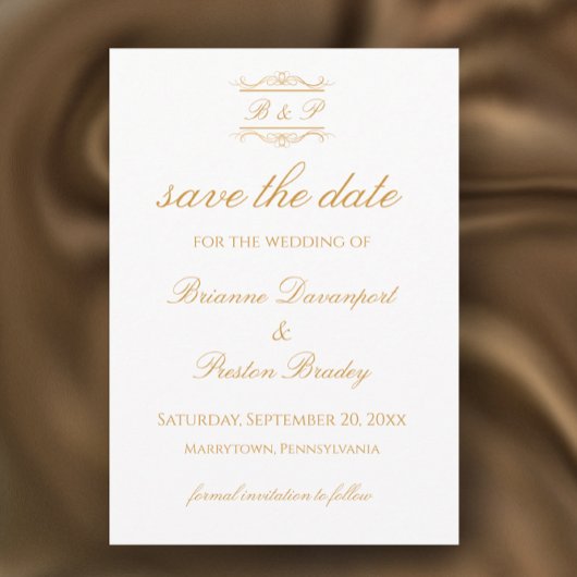 Elegant Modern Gold & White Monogram Wedding Save The Date