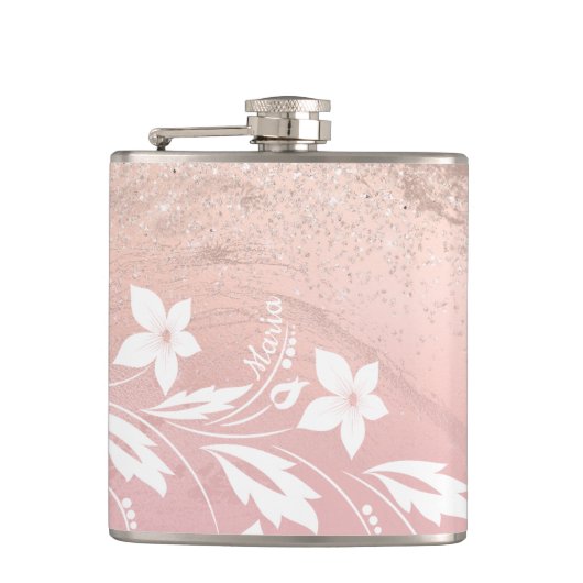 Elegant modern gradient rose gold glitter floral flachmann (Vorderseite)