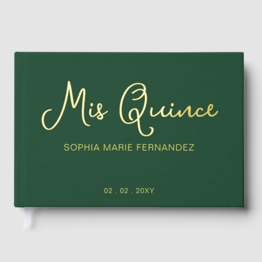 Elegant Modern Green Gold Quinceñera Gästebuch (Vorderseite)