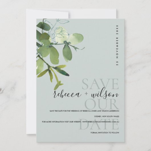 ELEGANT MODERN GREEN GRAY EUCALYPTUS WATERCOLOR SAVE THE DATE (Vorderseite)