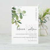 ELEGANT MODERN GREEN WHITE EUCALYPTUS WATERCOLOR SAVE THE DATE (Stehend Vorderseite)