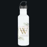 Elegant Modern Greenery Gold Monogram Edelstahlflasche<br><div class="desc">Elegante Aquarell-Blätter in Monogramm Wasserflasche mit einem Monogramm-Initial. Entwickelt von Thisisnotme©</div>