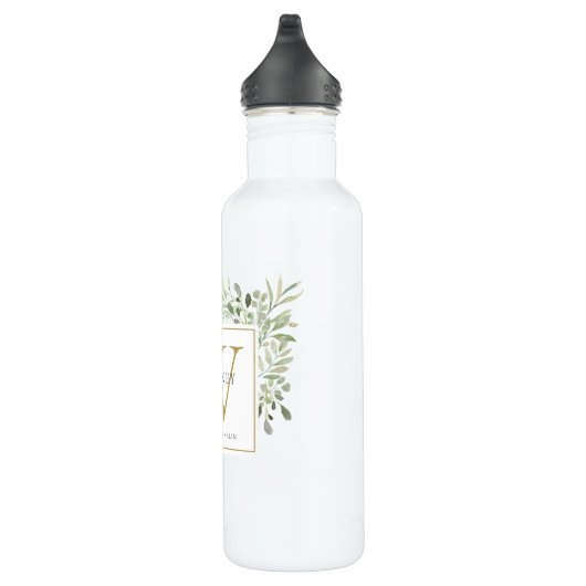 Elegant Modern Greenery Gold Monogram Edelstahlflasche (Rechts)