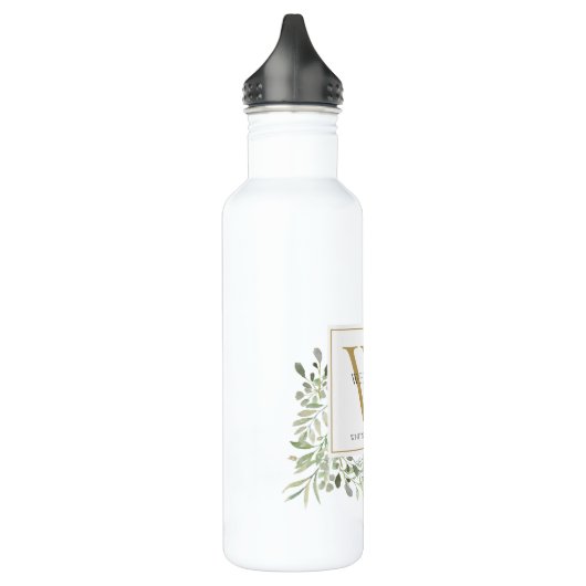 Elegant Modern Greenery Gold Monogram Edelstahlflasche (Links)