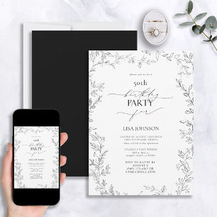 Elegant Modern Leaf Black & White 50. Geburtstag Einladung
