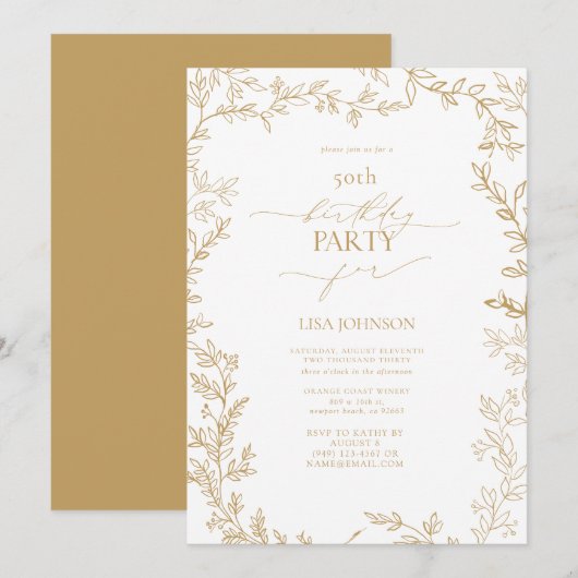 Elegant Modern Leaf Gold 50. Geburtstag Einladung (Vorne/Hinten)