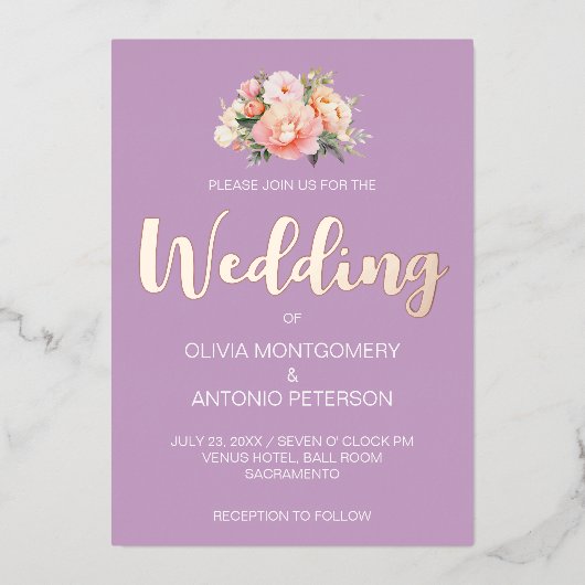 Elegant Modern Light Pink Peony Lilac Wedding Folieneinladung (Vorderseite)