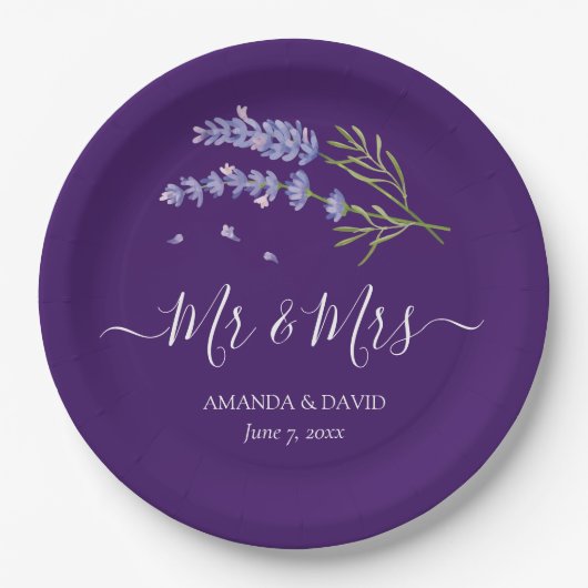 Elegant Modern Lila Lavender Mr. und Mrs. Wedding Pappteller (Vorderseite)