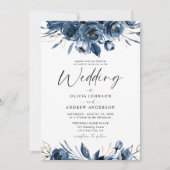 Elegant Modern Navy Blue and Silver Floral Wedding Einladung (Vorderseite)