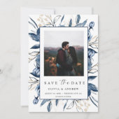 Elegant Modern Navy Blue Botanical Photo Wedding Save The Date (Vorderseite)