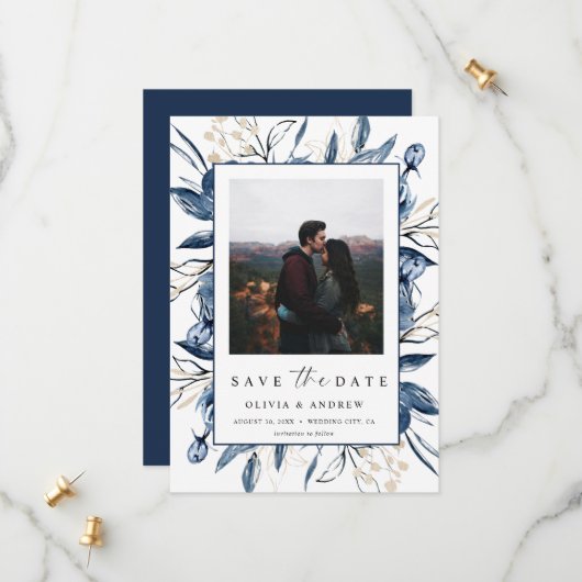 Elegant Modern Navy Blue Botanical Photo Wedding Save The Date (Vorderseite/Rückseite Beispiel)