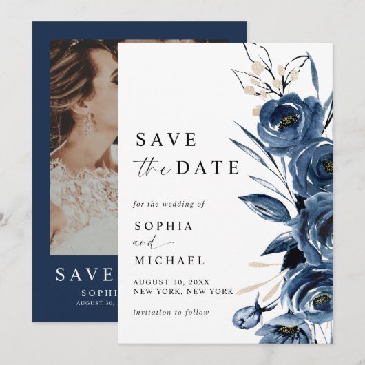 Elegant Modern Navy Blue Floral & Photo Wedding Save The Date (Vorne/Hinten)