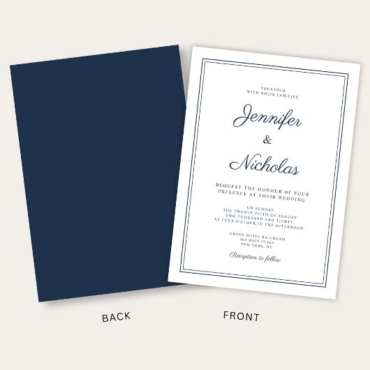 Elegant Modern Navy Blue Script Wedding Einladung