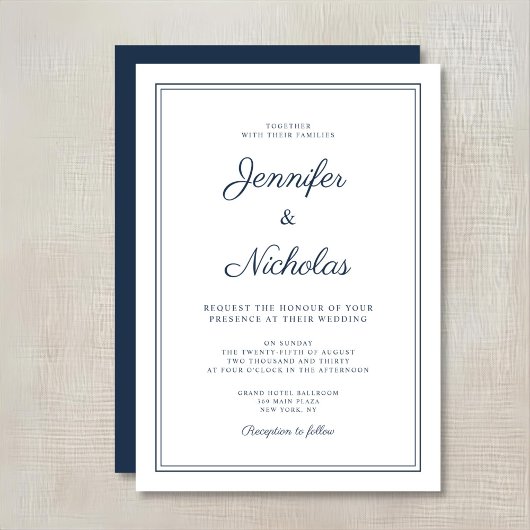 Elegant Modern Navy Blue Script Wedding Einladung