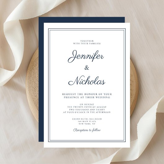 Elegant Modern Navy Blue Script Wedding Einladung