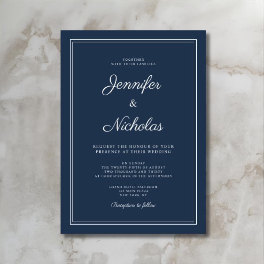 Elegant Modern Navy Blue Script Wedding Einladung