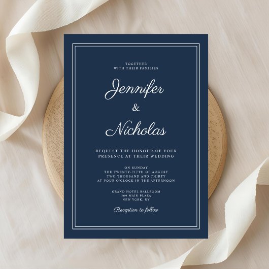 Elegant Modern Navy Blue Script Wedding Einladung