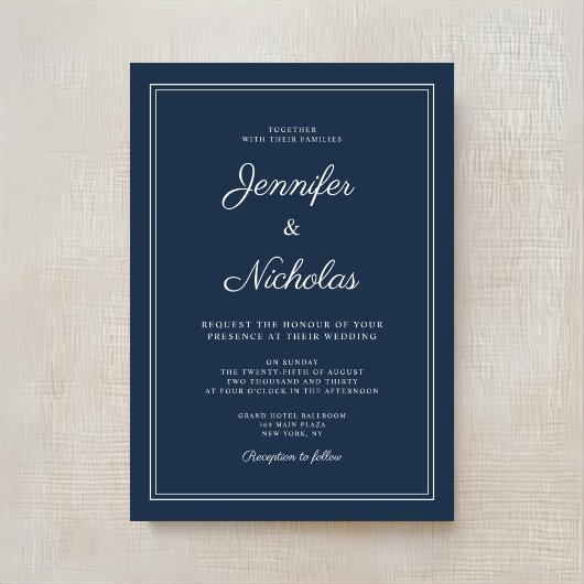 Elegant Modern Navy Blue Script Wedding Einladung