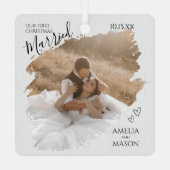 Elegant Modern Our First Christmas Married Photo Ornament Aus Metall (Rückseite)