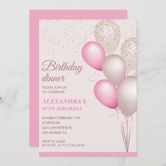 Elegant Modern Pink Geburtstag Abendessen 97. Gebu Einladung (Vorne/Hinten)