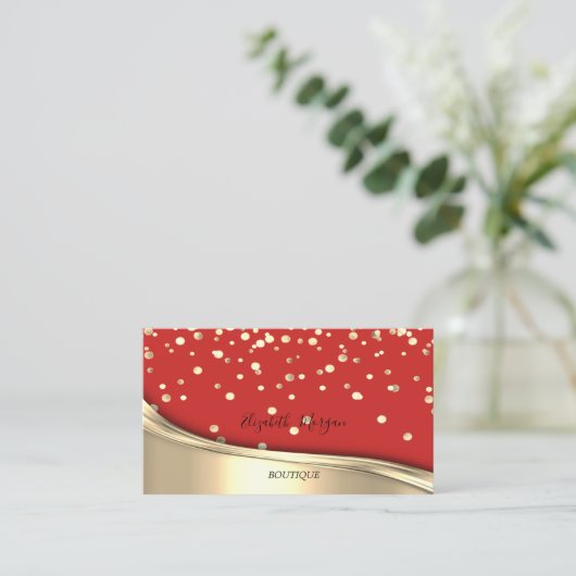 Elegant Modern Red Gold Confetti Visitenkarte (Stehend Vorderseite)