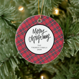 Elegant Modern Red Plaid Christmas Family Photo Keramik Ornament