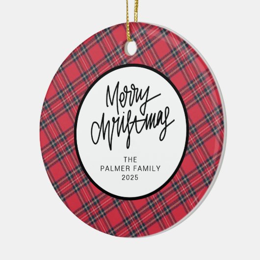 Elegant Modern Red Plaid Christmas Family Photo Keramik Ornament (Links)