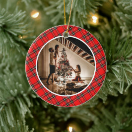 Elegant Modern Red Plaid Christmas Family Photo Keramik Ornament