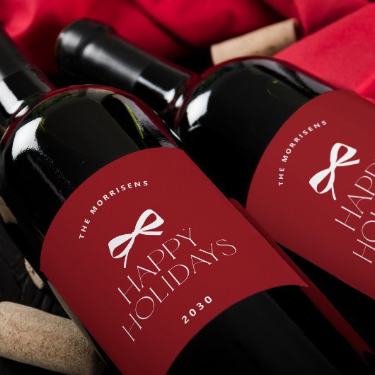 Elegant modern red white bow Christmas holiday Weinetikett