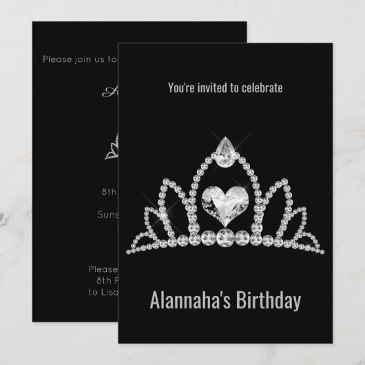 ELEGANT MODERN SCHWARZ DIAMOND TIARA GEBURTSTAG EINLADUNG (Vorne/Hinten)