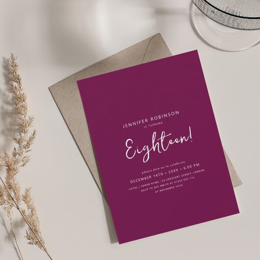 Elegant Modern Script 18. Geburtstag Magenta Einladung