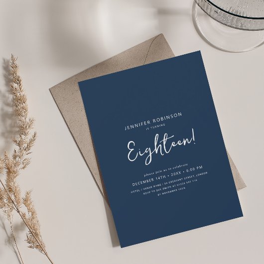 Elegant Modern Script 18. Geburtstag Navy Blue Einladung