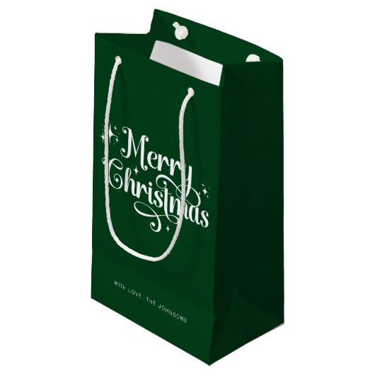 Elegant Modern Script Green Frohe Weihnachten Kleine Geschenktüte (Vorderseite Schrägansicht)