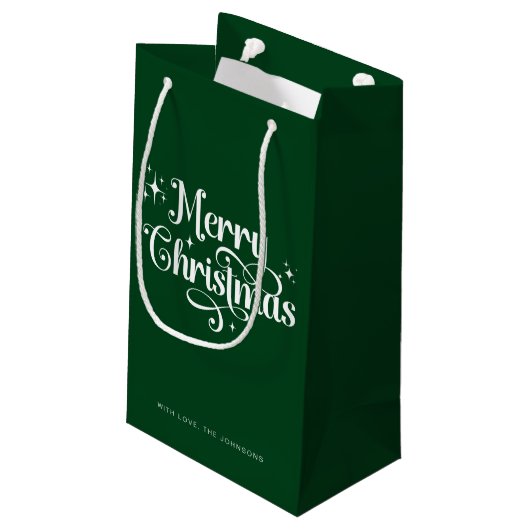 Elegant Modern Script Green Frohe Weihnachten Kleine Geschenktüte (Rückseite Schrägansicht)