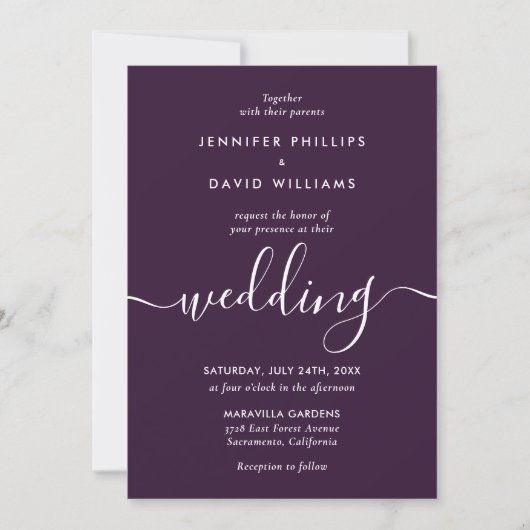 Elegant Modern Script Purple Wedding Einladung (Vorderseite)