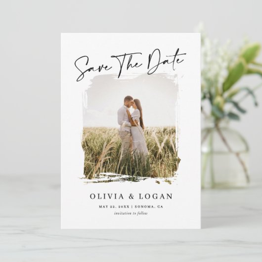 Elegant Modern Script Rustic Photo Frame Wedding Save The Date (Stehend Vorderseite)