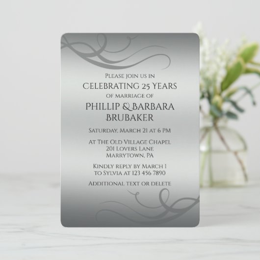 Elegant Modern Silver 25th Wedding Anniversary Einladung (Stehend Vorderseite)