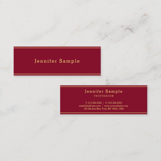 Elegant Modern Sleek Design Gold Text Burgundy Red Mini Visitenkarte (Vorne/Hinten)