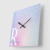 Elegant modern stylish ombre blue glitter rainbow quadratische wanduhr (Winkel)