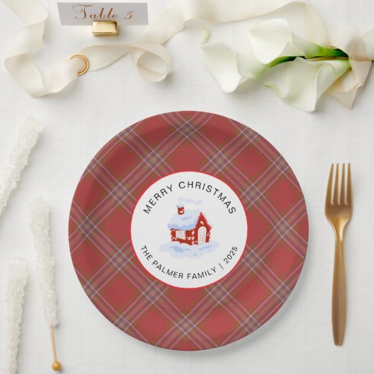 Elegant Modern Tartan Plaid Christmas Family Pappteller (Hochzeit)