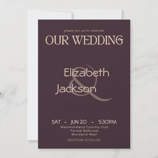 Elegant Modern Typography Plum Noir Wedding Einladung (Vorderseite)