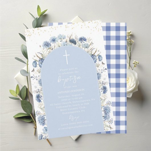 Elegant Modern Watercolor Blue Flowers Baptism Einladung