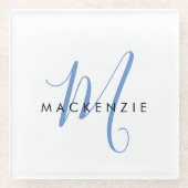 Elegant Modern White Blue Script Monogram Glasuntersetzer (Vorderseite)